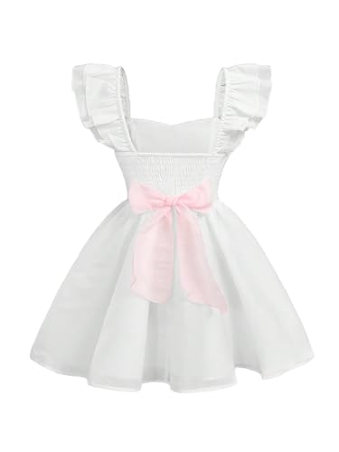 WDIRARA Girl's Sweetheart Neck Ruffle Cap Sleeve Dress Smocked Bow Back Flared A Line Dresses