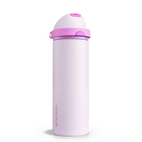 Image of Insulated Water Bottle with Straw - Encool Stainless Steel Water Bottle with Push Button Lid, Leak-Proof & BPA-Free, Keeps Cold for 24 Hours for Sports, Travel, Gym (24 oz, Thistle-Fuchsia)