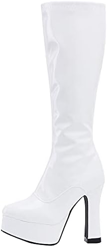 JiaLuoWei GoGo Boots, Knee High Boots for Women, 12cm Chunky Heel Fancy Dress 60S 70S Platform Retro Boots (White Shiny, 12)