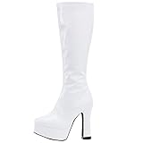 JiaLuoWei GoGo Boots, Knee High Boots for Women, 12cm Chunky Heel Fancy Dress 60S 70S Platform Retro Boots (White Shiny, 7)