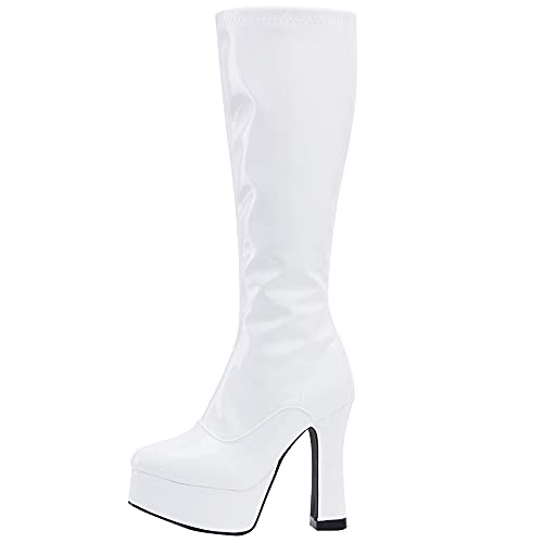 Jialuowei Gogo Boots, Knee High Boots For Women, 12Cm Chunky Heel Fancy Dress 60S 70S Platform Retro Boots (White Shiny, 12) #TOP2