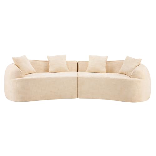 Image of 109-Inch Curved Boneless Modular Sofa Compressed 4-Seat Cloud Couch with 4 Pillows, Modern Curved Boneless Foam Sofa Floor Deep Seat Cloud Couch for Living Room Bedroom