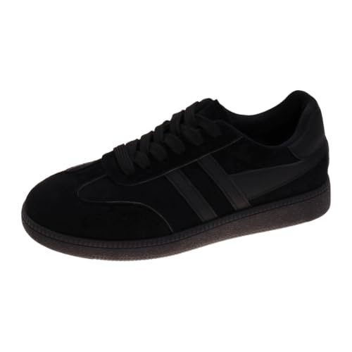 Image of Women's Retro Suede Sneakers, Lace Up Casual Low Top Shoes Black