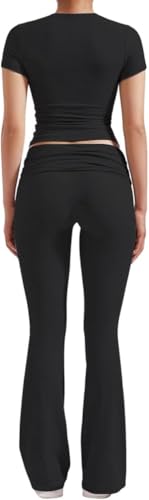 Image of ZFLM Casual Workout Two Piece Outfits for Women Short Sleeve Crop High Waist Foldover Flare Pants Tracksuit Sets Streetwear