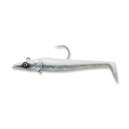 Savage Gear Sandeel Fishing Bait 5 1/3 oz Real Pearl Realistic Contours & Movement Durable Construction Two Tie Points 5X Hooks Holographic Eyes Bait Keeper