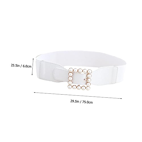 Pearl Waistband Cummerbund with Elastic Band and Fashionable Square Buckle for Women Decorative Skirt Ornament Belt in White Alloy Material Stylish Accessory for Dresses Jeans and2