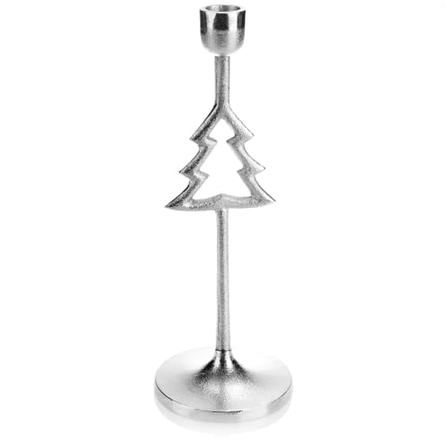 COM-FOUR® Candelabro con diseño de árbol de Navidad - candelabro de un Solo Brazo con Base Redonda - candelabro de una Llama para Navidad (árbol de Navidad de Color Plateado)