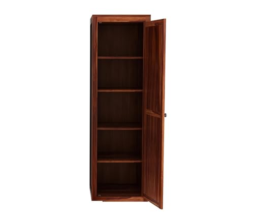 Image of Sheesham Wood Wooden Single Door Wardrobe Organizer for Clothes | - Solid Wood Almirah with 5 Shelves - Cupboard for Large Bedroom, Natural Finish