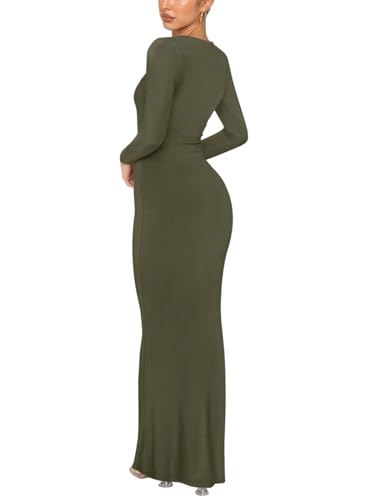 Image of REORIA Women's Sexy Crew Neck Lounge Long Dress Elegant Long Sleeve Ribbed Bodycon Maxi Dresses