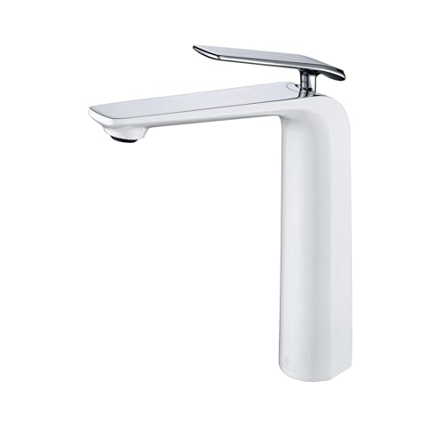 TOCALOCA Tall Bathroom Faucet White and Chrome Sliver, Vessel Sink Mixer Tap Bathroom Single Handle 1 Hole High Basin Faucet for Bowl Sink Lavatory, Brass