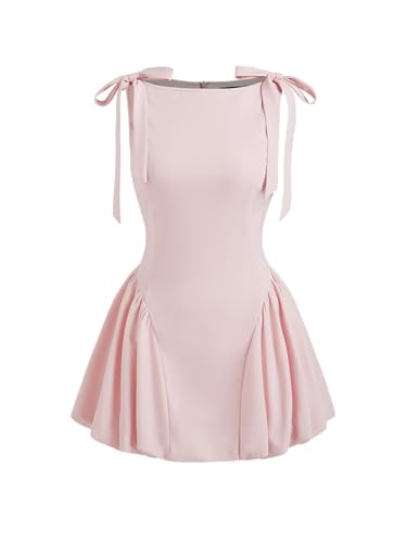 CIDER Mini Dress Bowknot Bubble Hem High Waist Cocktail Party Dresses Elegant Short Sleeve Boat Neck Dress