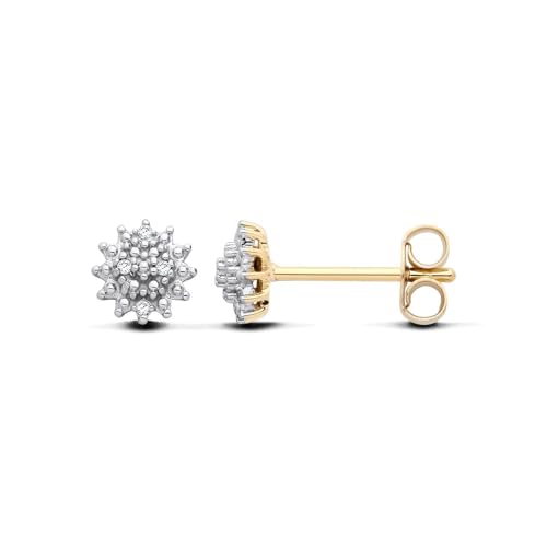 Image of Old English Jewellers 9ct Yellow Gold on Sterling Silver 925 Natural Diamond Cluster Stud Ladies Earrings - Womens Everyday Jewellery - 6.5mm Diameter - Real Diamond Jewellery