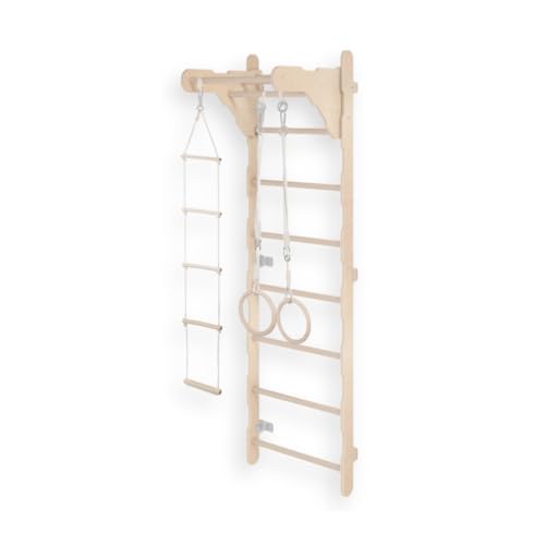 Barra de gimnasia para niños (210 cm), escalera de entrenamiento montada en la pared, escalera de cuerda para niños, parque infantil de madera para casa, anillos de gimnasia, 100% ecológico, fabricado