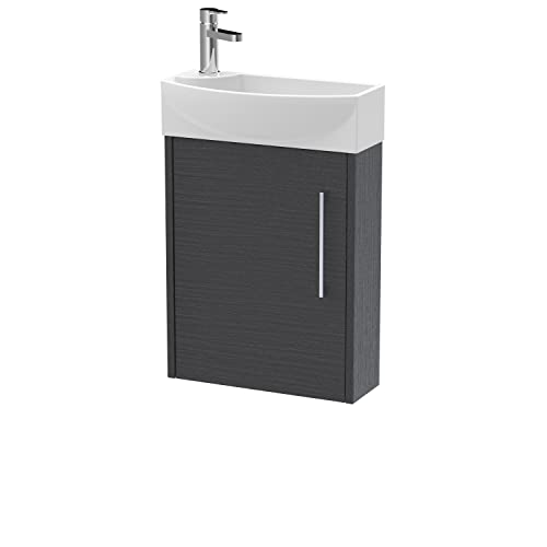 Hudson Reed JNU2261R Juno Compact Modern Cloakroom Wall Hung 1-Door Unit with 1 Tap Hole Right Hand Basin, 440mm, Woodgrain Graphite Grey