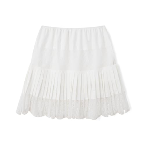 Image of Women Y2k Lace Mini Skirt Ruffle Layered Flowy Half Slip Skirts Underskirt | Y2K Low Rise Floral Lace Trim Slip Skirt Dress Extender Frilly Pleated Tiered Satin Short Skirt Sheer Underneath Under Dress