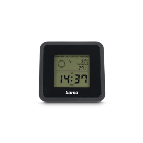 Hama |Termómetro/Higrómetro digital para interiores ('Borneo', Mide temperatura, humedad del ambiente, hora, repetición de alarma, clima interior) Negro