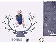 Baby Monthly Milestones Blanket Large 60"x 40" for Girls & Boys | Thick Fleece w/Deer Bib & Wooden Wreath for Month by Month Newborn Pictures | Personalized Infant Growth Photography Background Props