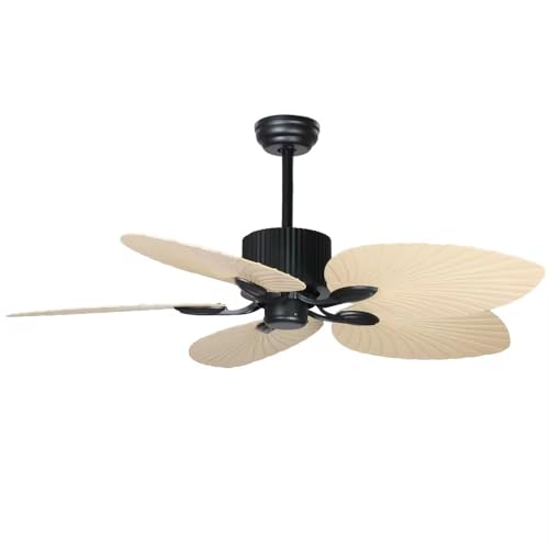 Image of Tropical Palm Leaf Ceiling Fan, 52-Inch, Black Mount with Cream Blades, Indoor Coastal Style, Remote Control|Twilight