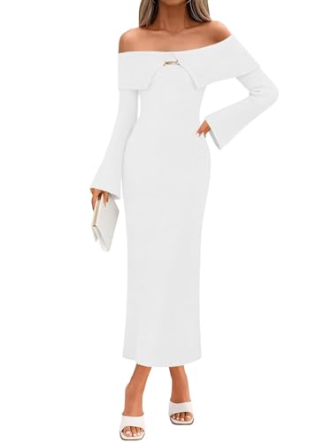 Saodimallsu Womens Off The Shoulder Maxi Sweater Dress Long Sleeve Bodycon Elegant Ribbed Knit Fall Midi Dresses White