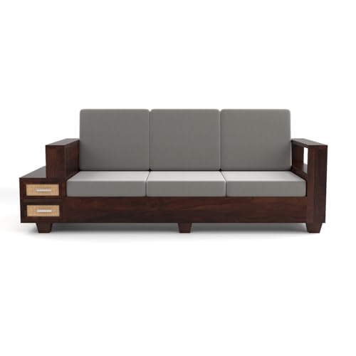 Image of Sheesham Wood 7 Seater Sofa Set with 2 Drawer Storage | 3+2+2 Wooden Sofa Set Furniture for Living Room Home Office (Natural Cane,Walnut Finish)