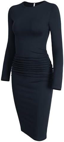 Missufe Women's Long Sleeve Slim Ruched Bodycon Dress 2025 Trendy Fall Casual Round Neck Sheath Knee Length Outfits Clothes