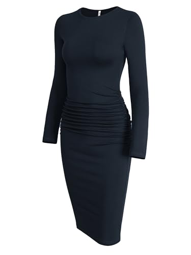 Image of Missufe Women's Long Sleeve Slim Ruched Bodycon Dress 2025 Trendy Fall Casual Round Neck Sheath Knee Length Outfits Clothes