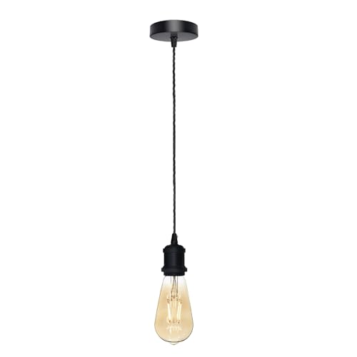 DC VOLTAGE Matt Black Vintage Metal Ceiling Pendant Light Fitting, Twisted Braided Flex 2m Cable, E27 Lamp Holder Suspended Pendant Light Fitting Kit for Indoor Lightings