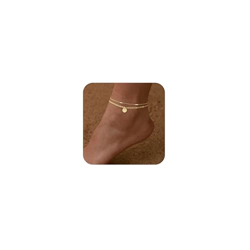 Image of Initial Ankle Bracelets for Women 14K Gold Plated Dainty Layered Round Letter Anklets Beach Jewelry Gift