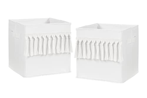 Sweet Jojo Designs White Boho Bohemian Foldable Fabric Storage Cube Bins Boxes Organizer Toys Kids Baby Childrens - Set Of 2 - Solid Color Shabby Chic Luxury Vintage Designer Boutique Tassel Fringe #TOP21