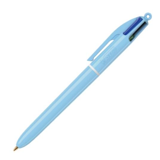BIC – 1 bolígrafo clásico de 4 colores (negro, azul, verde y rojo) – Decoración azul pastel – Punta media: 1 mm