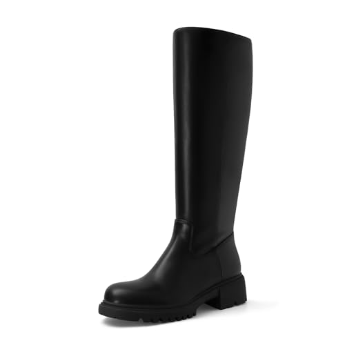 XBKXMK Black Knee High Boots for Women Round Toe Riding Boots Fashion Chunky Heel Platform Long Booties with Side Zipper Wide Calf Low Heel Block Fall Tall Boot