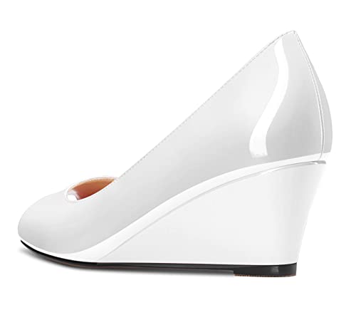Aachcol Women Wedge Chunky Block Mid Heel Pumps Slip-on Peep Open Toe Dress Shoes Office Party Patent 2 Inch3