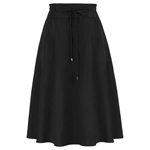 Vestido casual de algodón para mujer con volantes y lazo en la cintura, Negro, XL