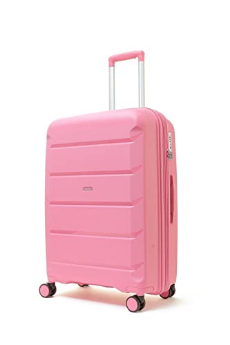 Image of Rock Tulum Medium Expandable Hard Shell Hold Suitcase in Bubblegum Pink - Lightweight & Durable, 360 Swivel Wheels, Telescopic Handle, Impact-Resistant & TSA Combination Lock - 66x46x30cm 4.2KG