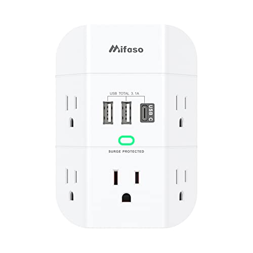 Wall Surge Protector Outlet Extender - 5 Outlet Splitter (3 Side) and 3 USB Charger(1 USB C), 1800 Joules Multi Plug Outlet Wall USB Outlet Spaced Adapter