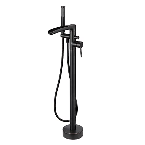 Qinkell Freestanding Tub Filler Waterfall Bathtub Faucet Oil Rubbed Bronze Floor Mount Brass Bathroom Tub Faucets with Hand Shower Qinkell Freestanding Tub Filler Waterfall Bathtub Faucet Oil Rubbed Bronze Floor Mount Brass Bathroom Tub Faucets with Hand Shower