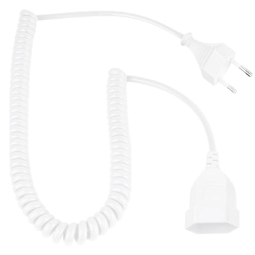 Leloco Rallonge en spirale - 3 m - Fiche européenne - Fiche plate - 2 fils - Câble d'alimentation - Pour TV, console de jeux, appareils ménagers, bureau, extérieur...