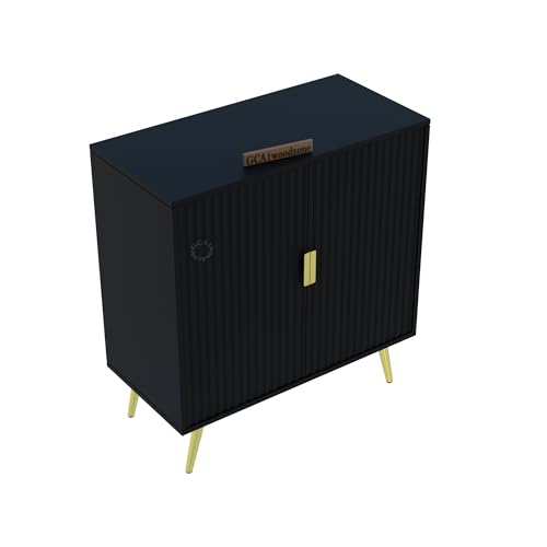 Image of Wooden Fluted Design Storage Cabinet with 2 Doors | Modern Sideboard Cabinet for Living Room, Bedroom & Entryway | Multipurpose Organizer Cupboard | HDMR Premium Wood | Gold Metal Legs (Black)