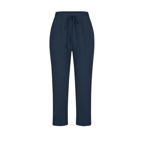 Image of ABABC Linen Capri Pants for Women Casual Straight Wide Leg Capri Pant Loose Lightweight Drawstring Beach Cropped Trousers