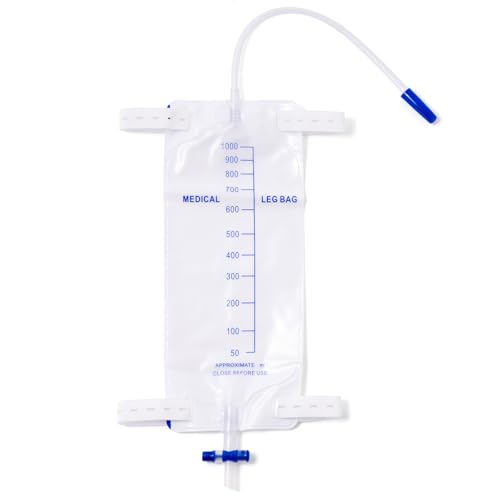 Leg Bag Urinary Drainage Bag, 1000ml, Anti-Reflux Valve, Cloth Straps, Easy Flip Drain (Pack of 5)
