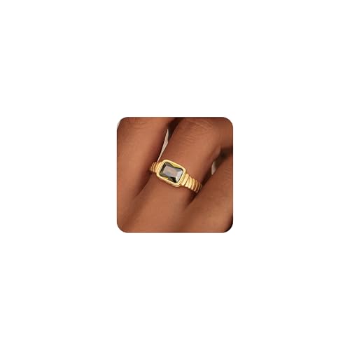 ZHESHY Birthstone Gold Rings for Women Non Tarnish Vintage Gemstone Emerald Rings 14K Gold Plated CZ Signet Thumb Band Rings Jewelry Gift for Birthday Size 10