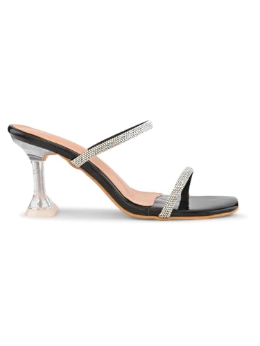 Image of XE Looks Women's Rhinestone Double Strap Slip-On Heeled Sandals with Transparent Sculpted Heel | Soft Cushioned Footbed | Elegant Open Square Toe Sandals for Girls & Women