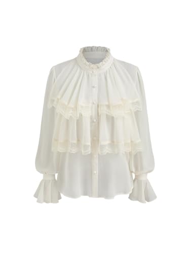 CIDER Chiffon High Neck Soild Lace Faux Pearl Long Sleeve Blouse