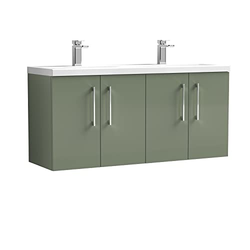 nuie Modern Bathroom Wall Hung 4 Door Double Vanity Unit with Twin Ceramic Basin, Satin Green, 1200mm
