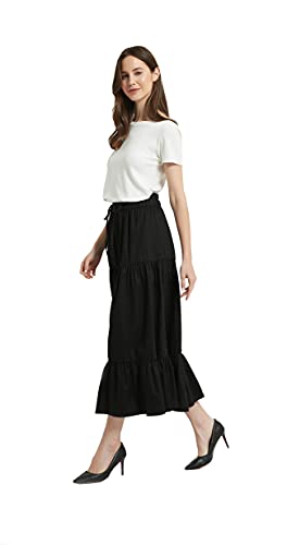 Tronjori Womens A Line Long Midi Denim Skirt Tired Pleated Layers Elastic Waist Front Drawstring(M, Black) #TOP4
