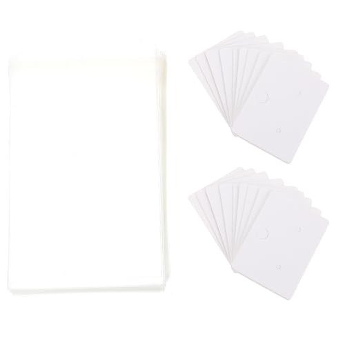 Zerodeko 100 Tarjetas para Exhibición de Pendientes, Cartón Blanco 4.5x3.2 Cm, con Bolsas Opp Protectoras, Embalaje para Joyas y Manualidades, Expositor Compacto para Venta Menor