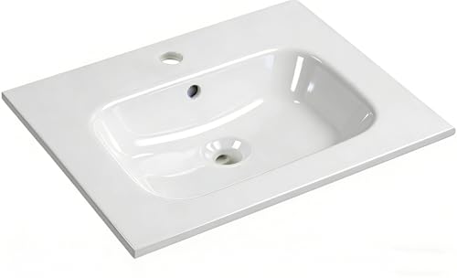 Lavabo Integrale a Incasso Soprapiano, Rettangolare in Ceramica Bianco Lucido, Lavandino Bagno con Foro Troppopieno (610 x 460 x 155 mm)