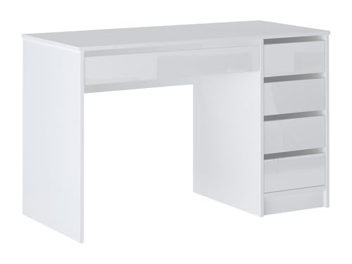 Vente-unique - Bureau avec 5 tiroirs - Blanc Brillant - JENEMI - avec Rangement