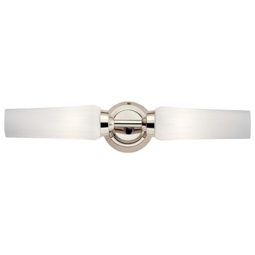 Image of Kichler Truby 19.75 inch 2-Light Bathroom Vanity Light Fixture with Satin Etched Cased Opal Glass in Black, Modern Art Deco Wall Sconce for Bath and Mirror (4.75 inch x 4.5 inch x 20.75 inch), 55074BK