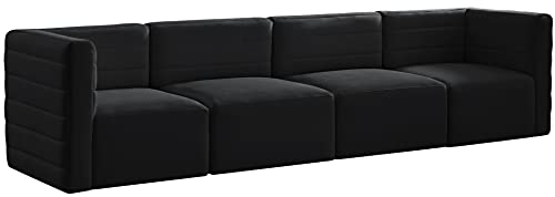 Meridian Furniture 677Black-S126 Quincy Collection Modern | Contemporary Velvet Upholstered Modular Sofa with Deep Horizontal Channel Tufting, 126" W x 32" D x 31.5" H, Black